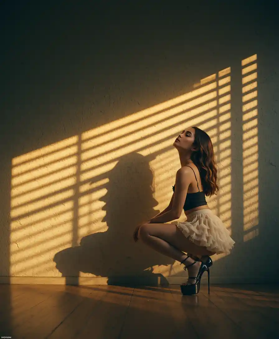 Fashion model in striped light against textured wall