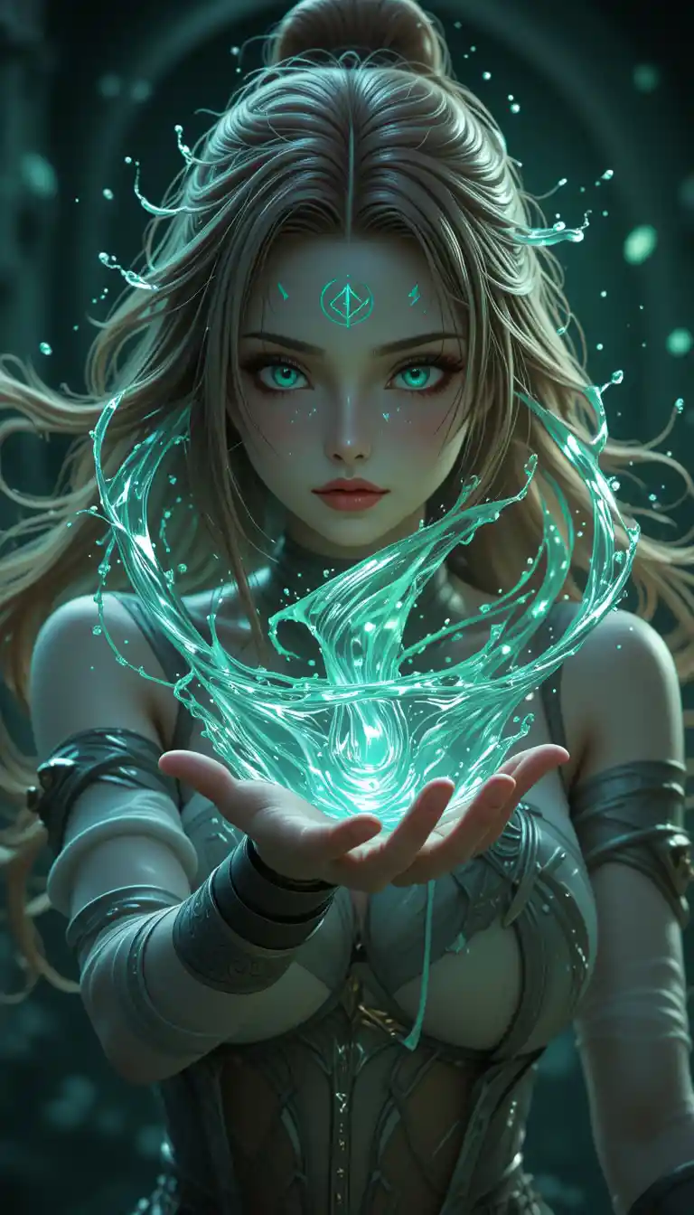 Anime warrior woman summoning a swirling water vortex