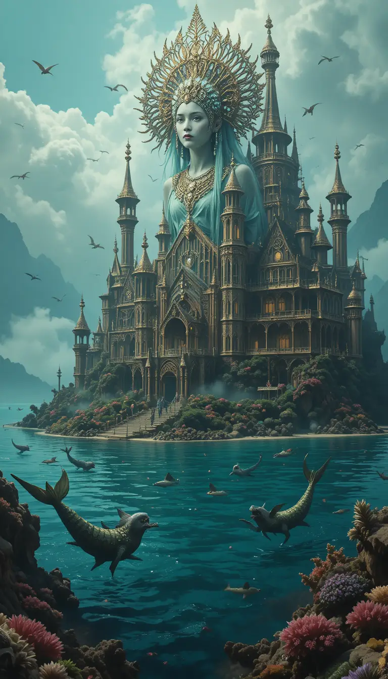 Siren queen on an enchanted island of coral and brass