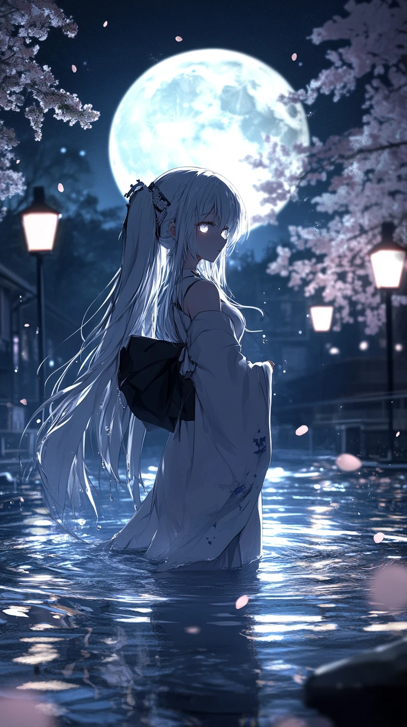 Weißhaariges Anime-Mädchen im Kimono unter dem Vollmond