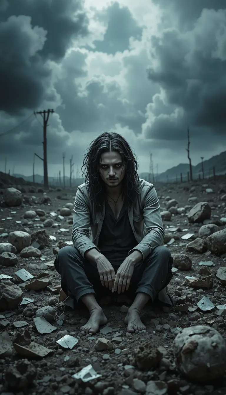 Troubled man sitting alone in a desolate landscape