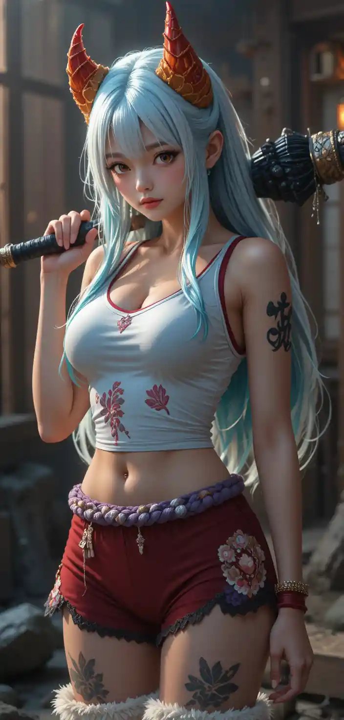 Full body anime warrior woman with horned hairstyle