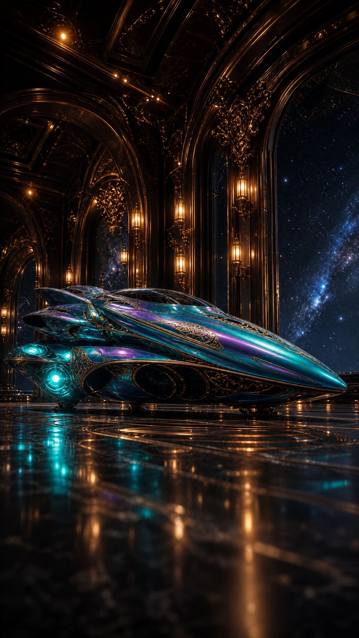 Majestic teal spacecraft seen from a low ground perspective