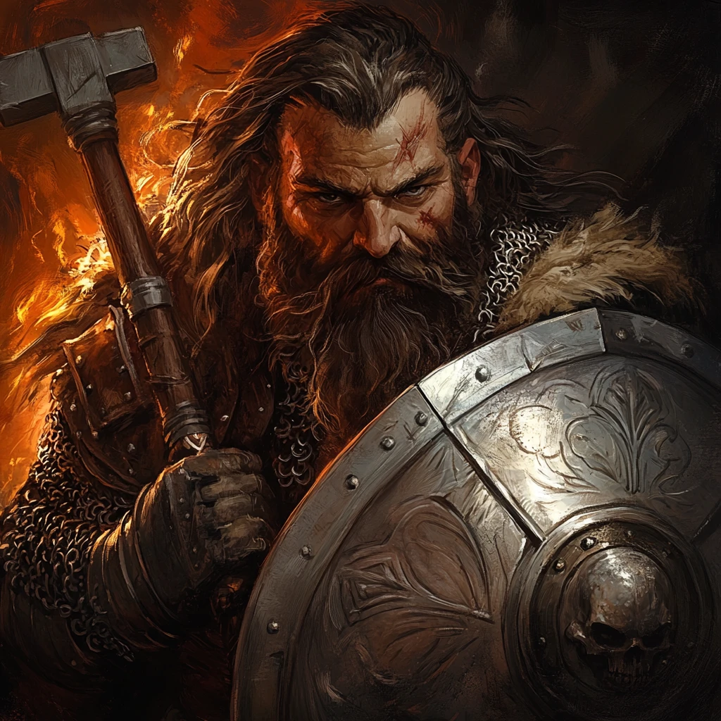 Dark fantasy dwarf smith in chainmail with hammer and shield