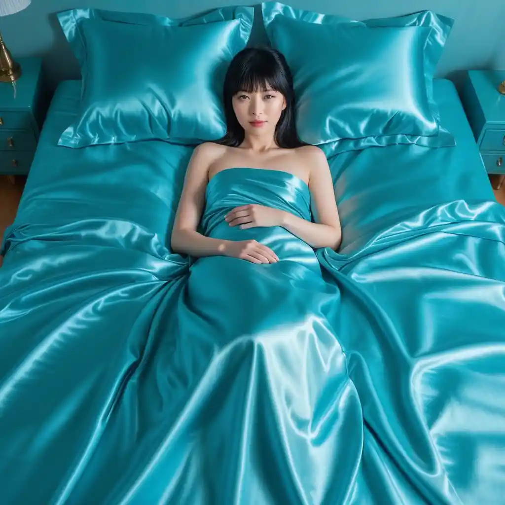 Beautiful japanese woman resting on glossy cyan satin bedding