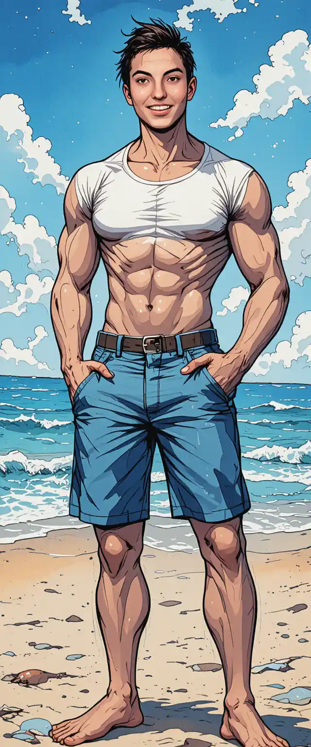 Muscular young man posing on a sunny beach in comics style