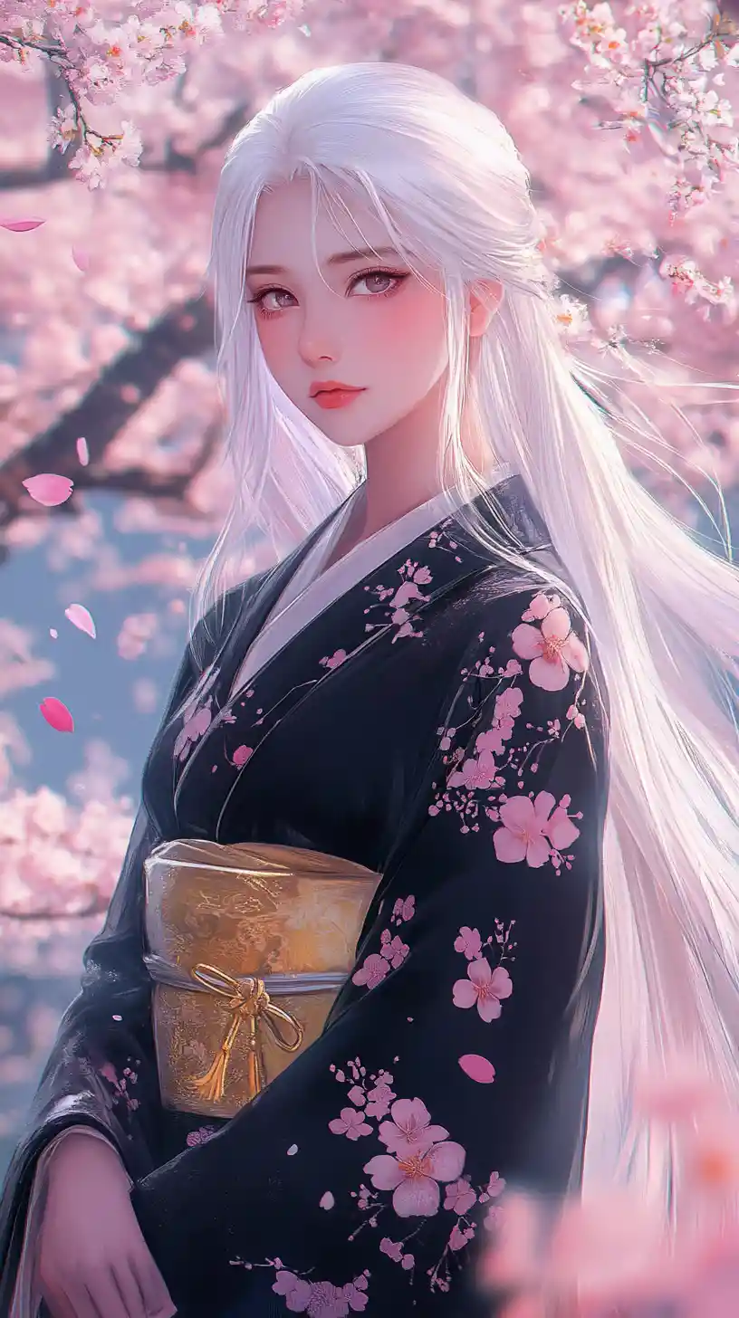Anime girl in kimono among soft cherry blossoms