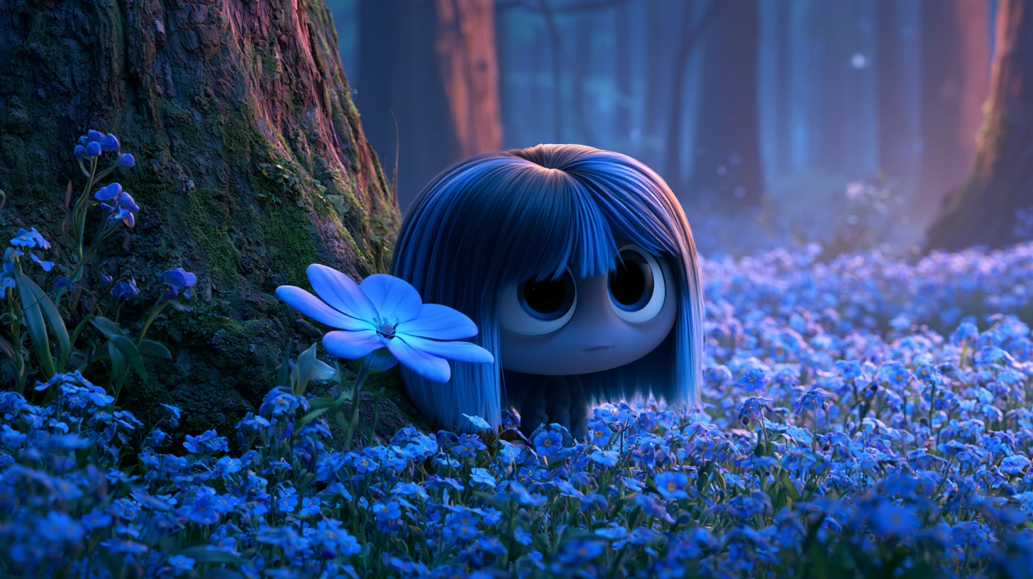 Tiny blue haired creature under a single blue forest flower