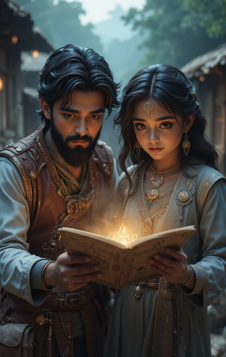 Friends studying a glowing ancient treasure map in a village