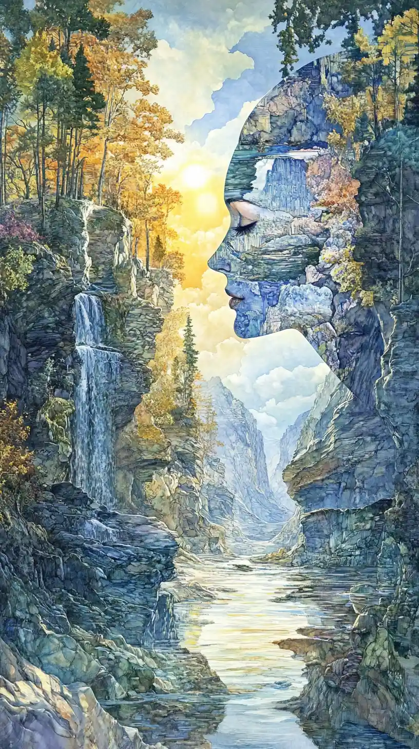 Double exposure river scene glowing with warm sunshine
