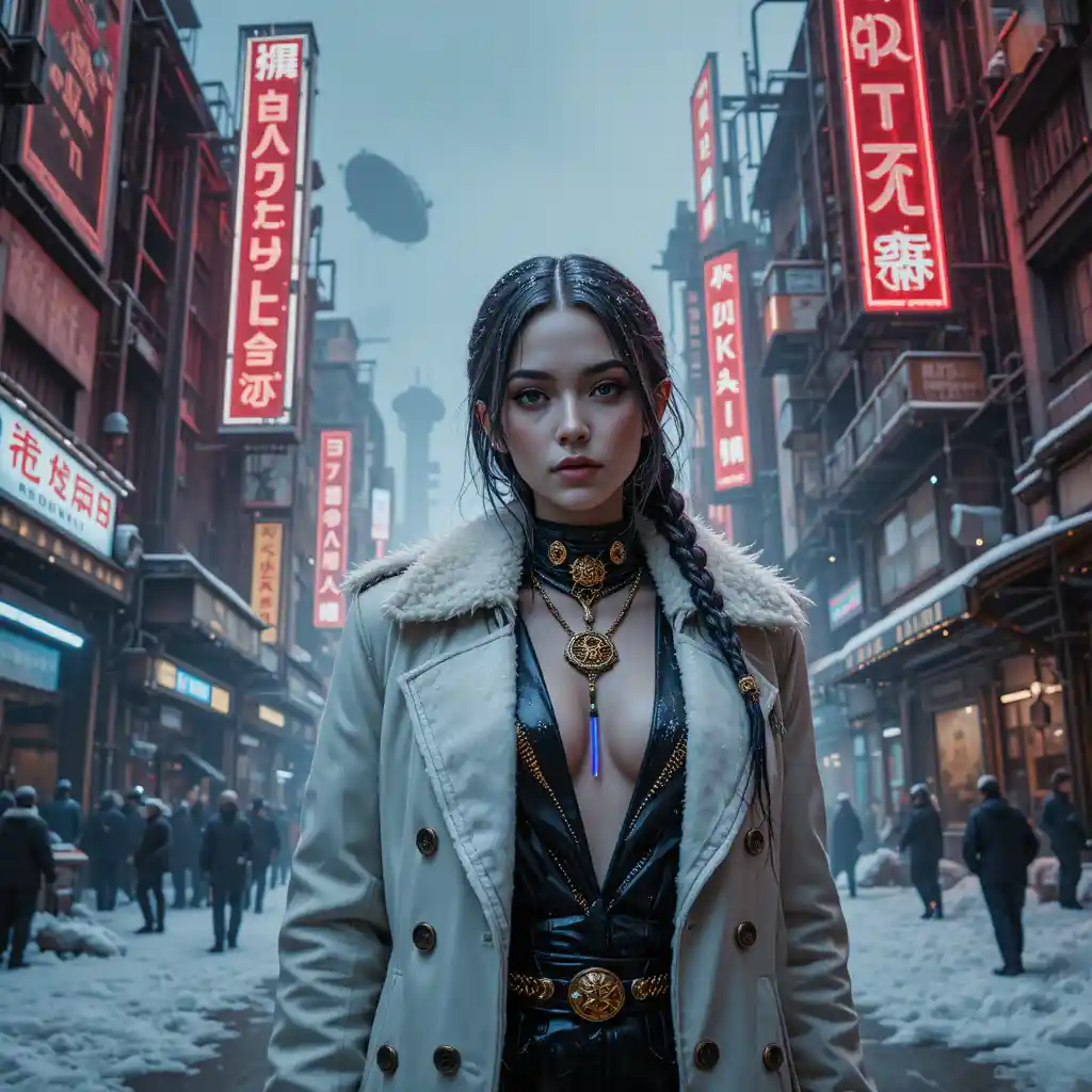 Cyber noir woman under neon lights in frozen city