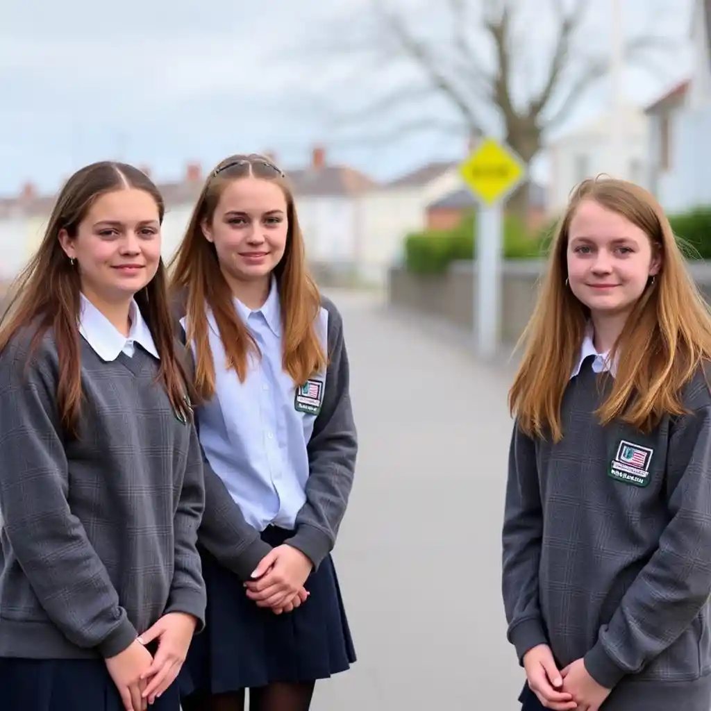 Group of schoolgirls detained on a busy city street