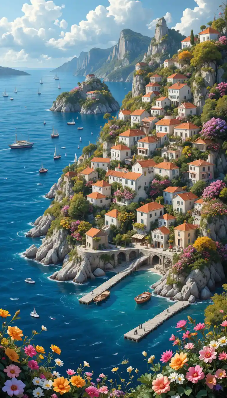 Whimsical summer coastal village by the ocean with flowers