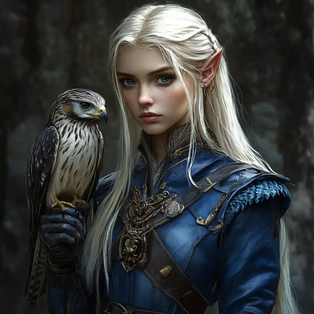 Elegant elf falconer in royal blue leather coat