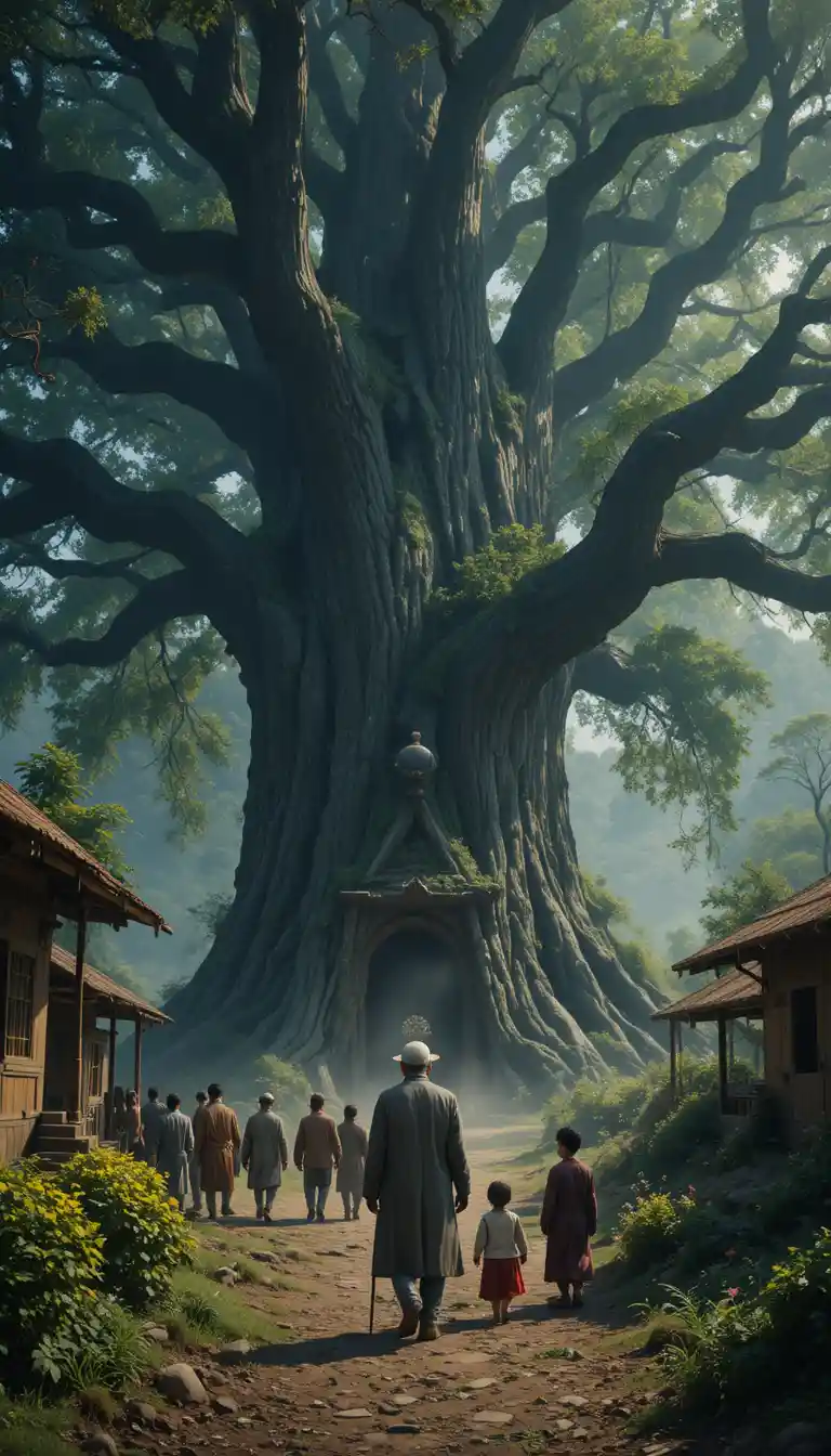 Villagers Passing A Giant Ancient Tree In A Rural Village
