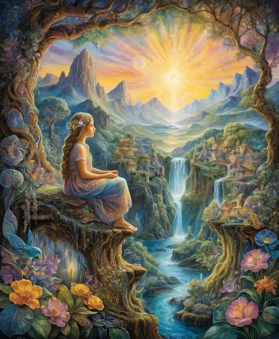 Ethereal Woman Blending With A Luminous Fantasy Landscape