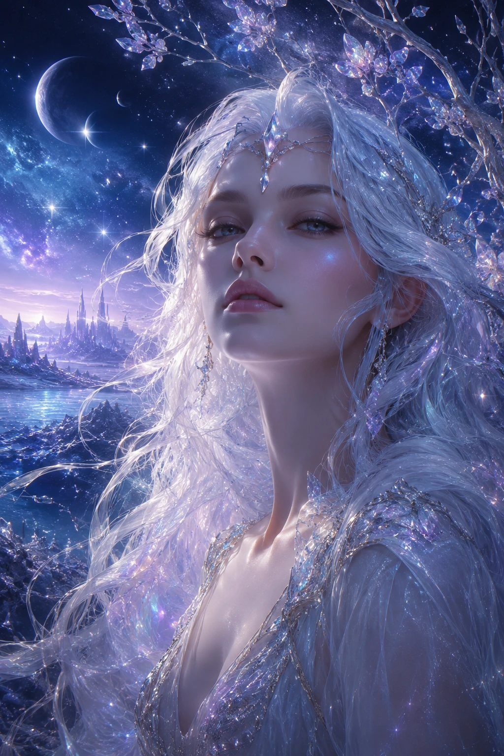 Ethereal woman with white hair in a tranquil alien landscape