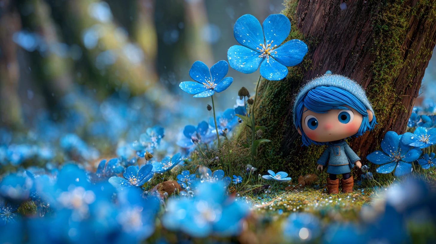 Tiny blue furry creature under a single forest flower