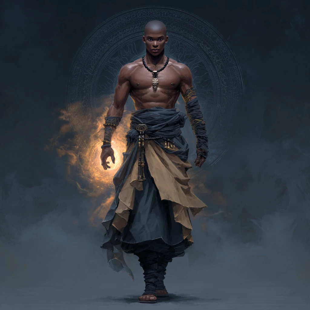 Dark skinned fantasy monk with amber eyes and muscular build