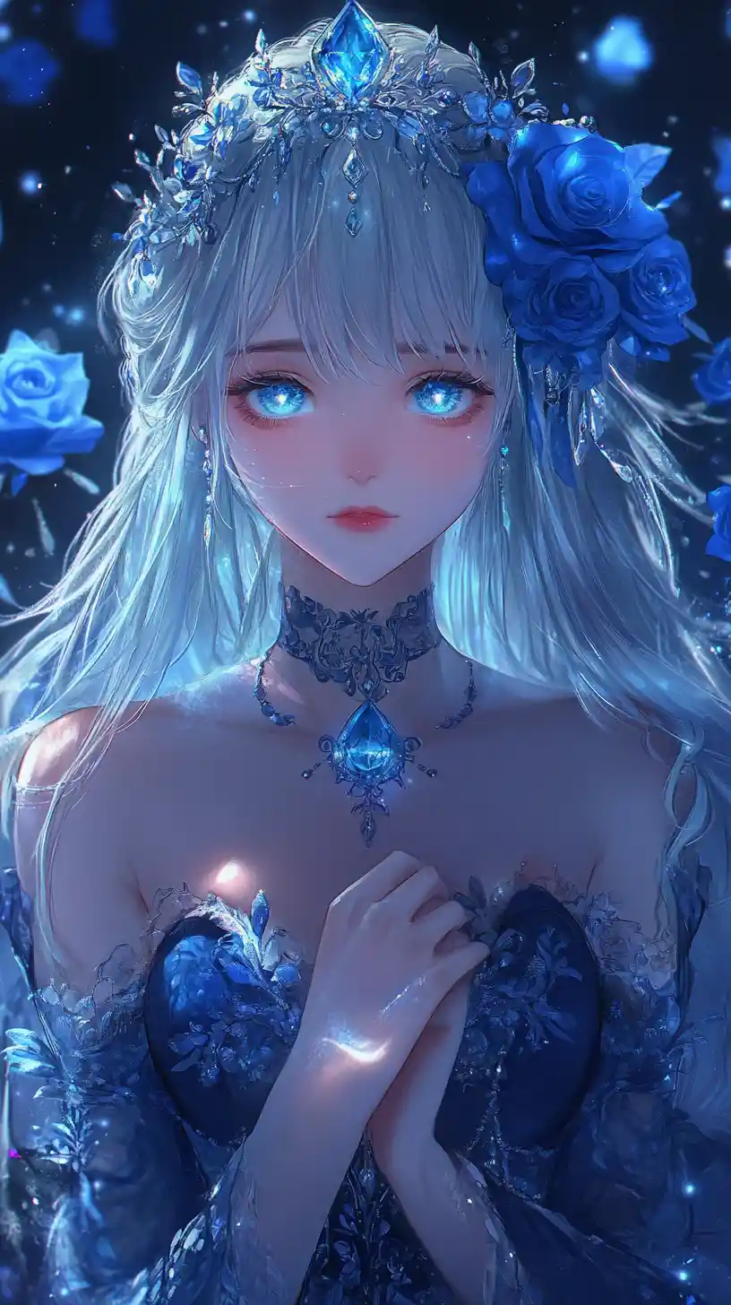 Anime princess with crystal crown in blue rose glow