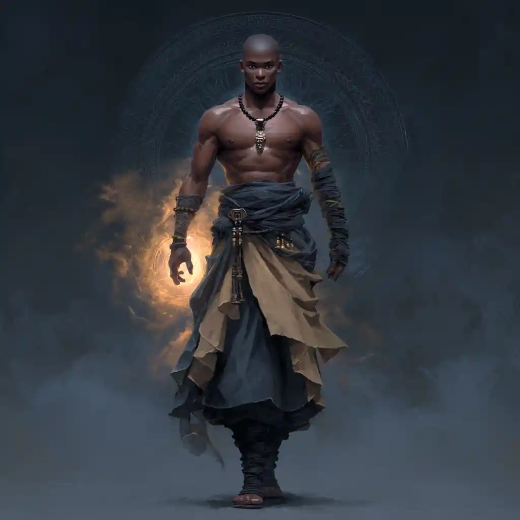 Dark skinned fantasy monk with amber eyes and muscular build