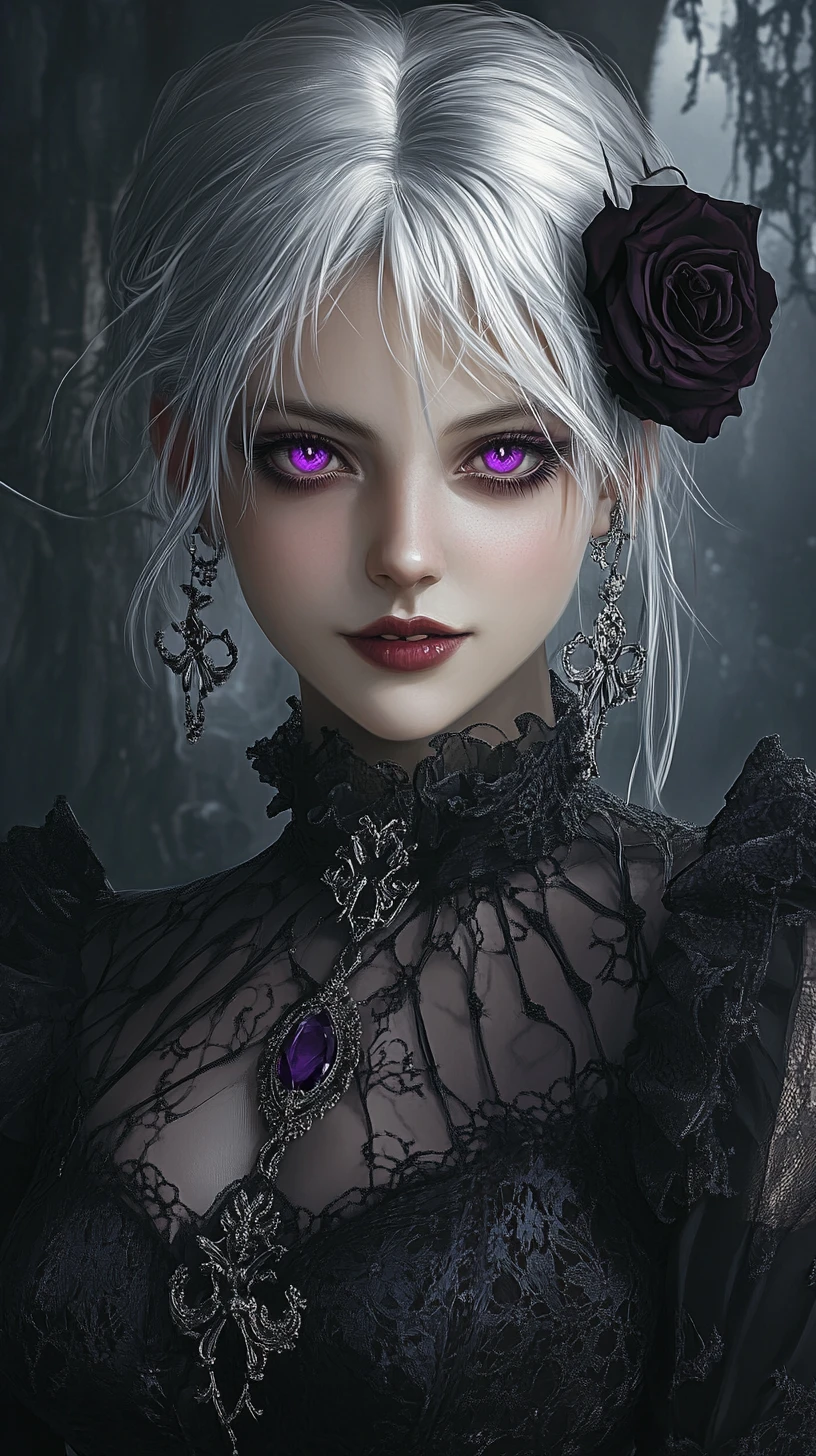 Vampire anime girl in gothic victorian lace gown