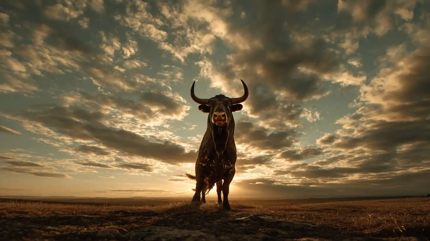 Smiling bull in a football shirt on a sunset plain