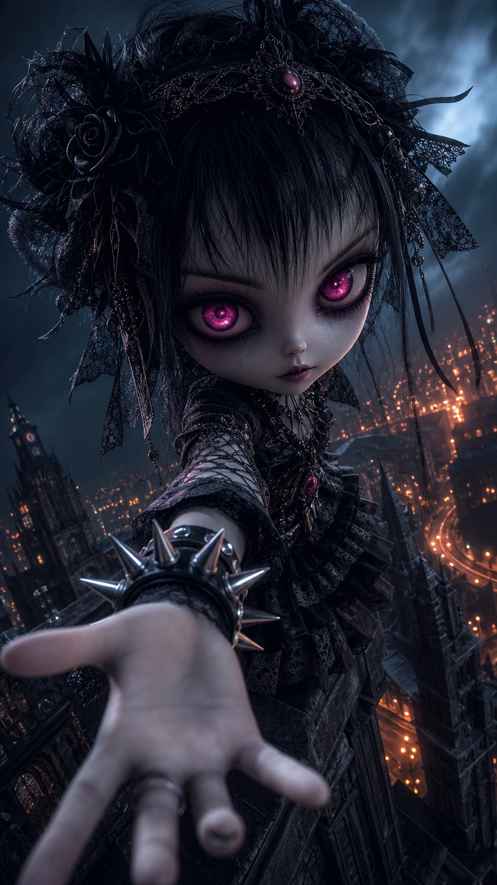 Goth girl above glowing night city with magenta eyes