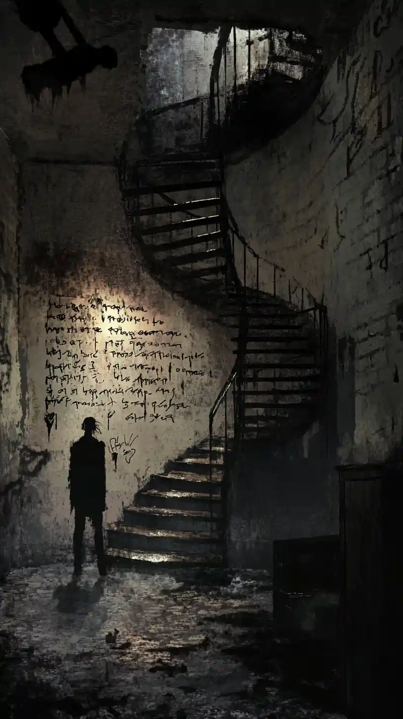 Man in a dim room before a looming spiral staircase