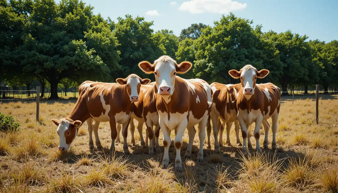 Brown and white cows clustered in a sunny dry field