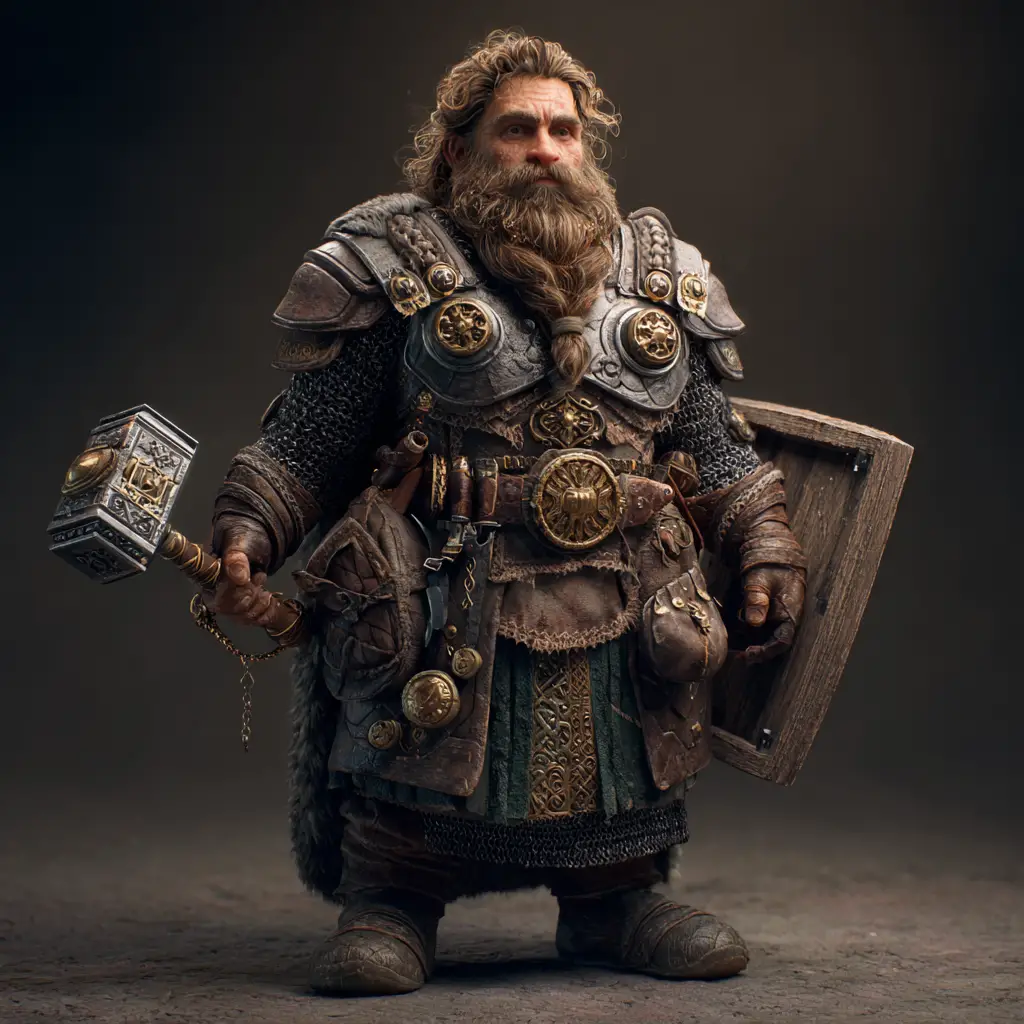 Armored dwarf smith with hammer and shield at the forge