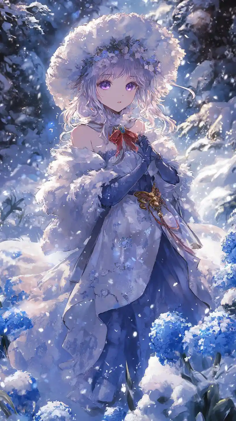 Anime girl in ornate winter dress with floral embroidery