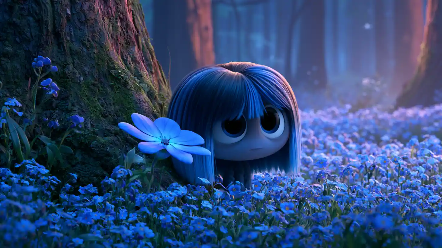 Tiny blue haired creature under a single blue forest flower