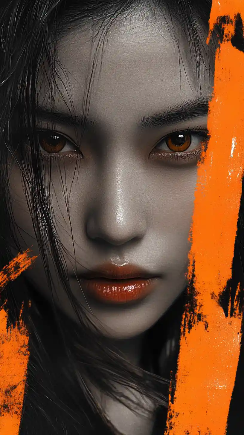 Intense portrait of an East Asian woman with orange brushstrokes