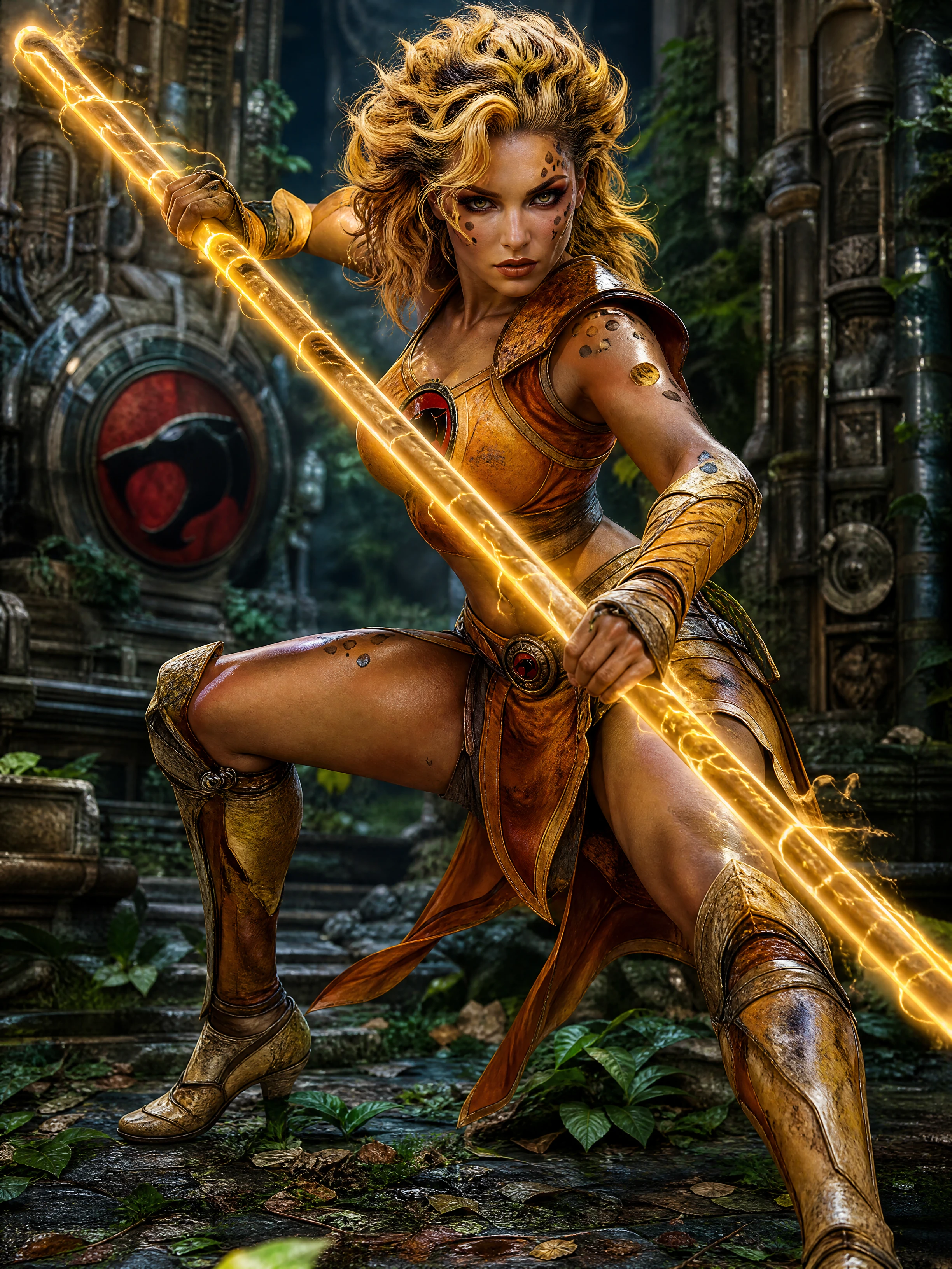 Feline warrior with glowing staff in ancient sci fi temple