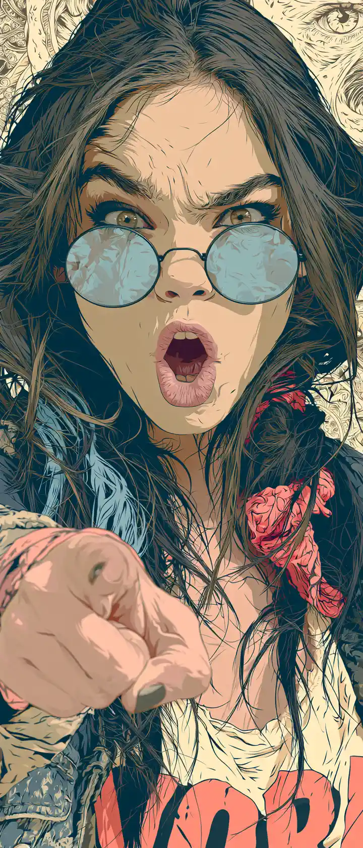 Sassy young woman pointing with expressive face in poster style
