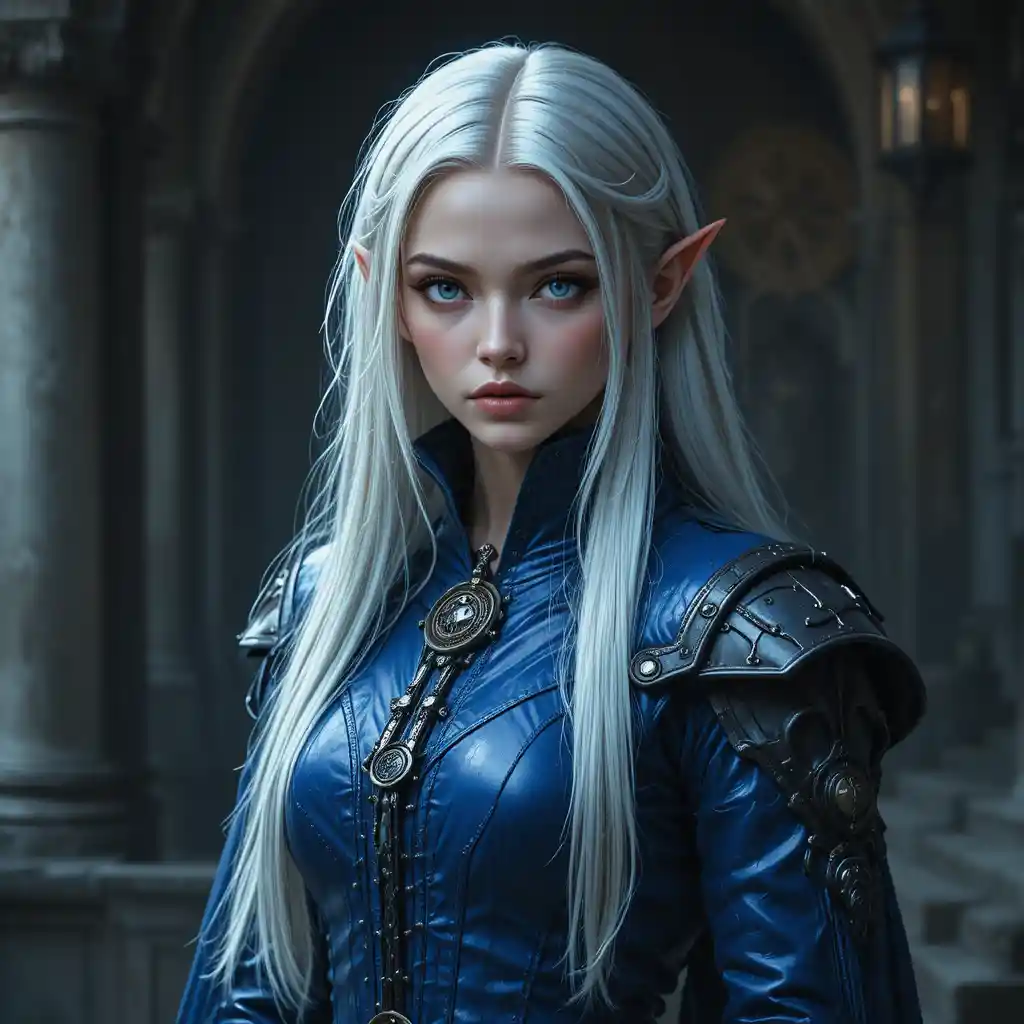 Elegant elf falconer with blue eyes in royal blue coat