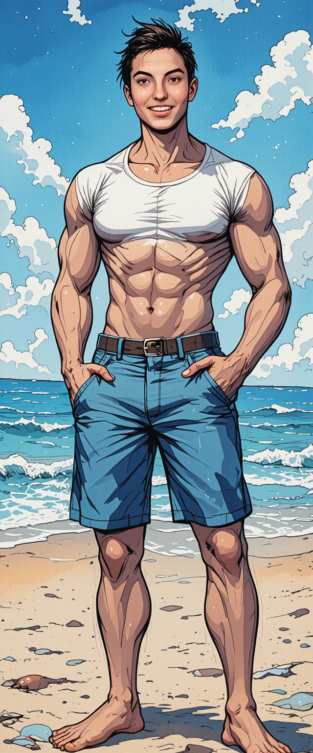 Muscular young man posing on a sunny beach in comics style