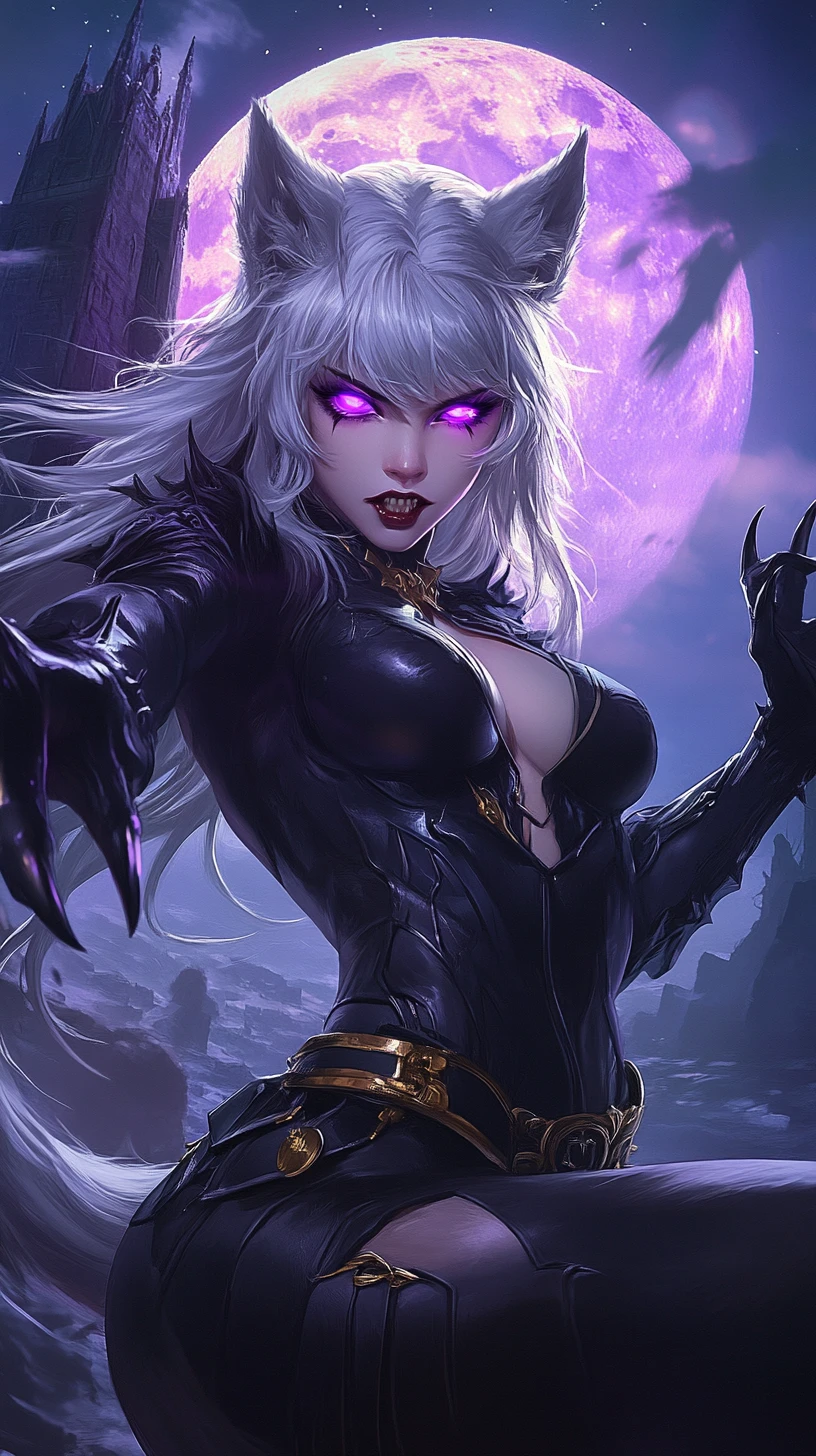Wolf girl lunging under a glowing purple moon
