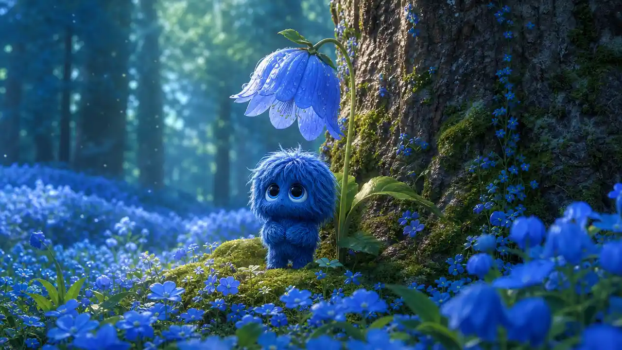 Tiny blue creature beneath a single glowing forest flower