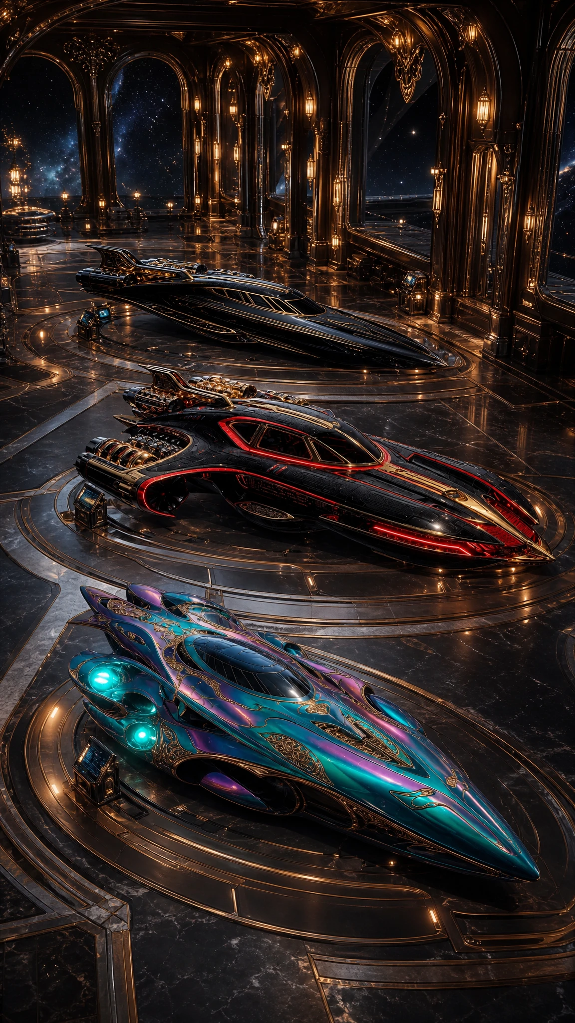 Luxurious boutique spaceport hangar with three sleek spacecraft