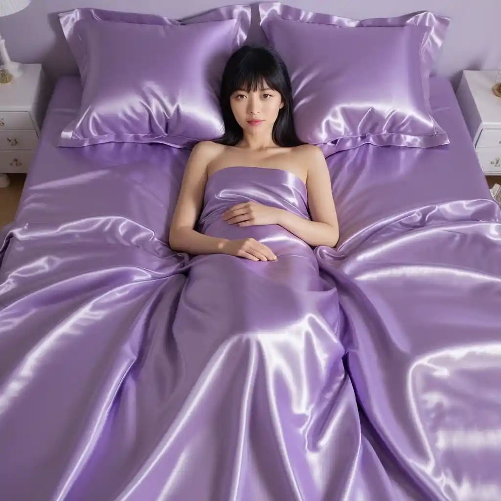 Japanese woman lying on light purple satin bed sheets