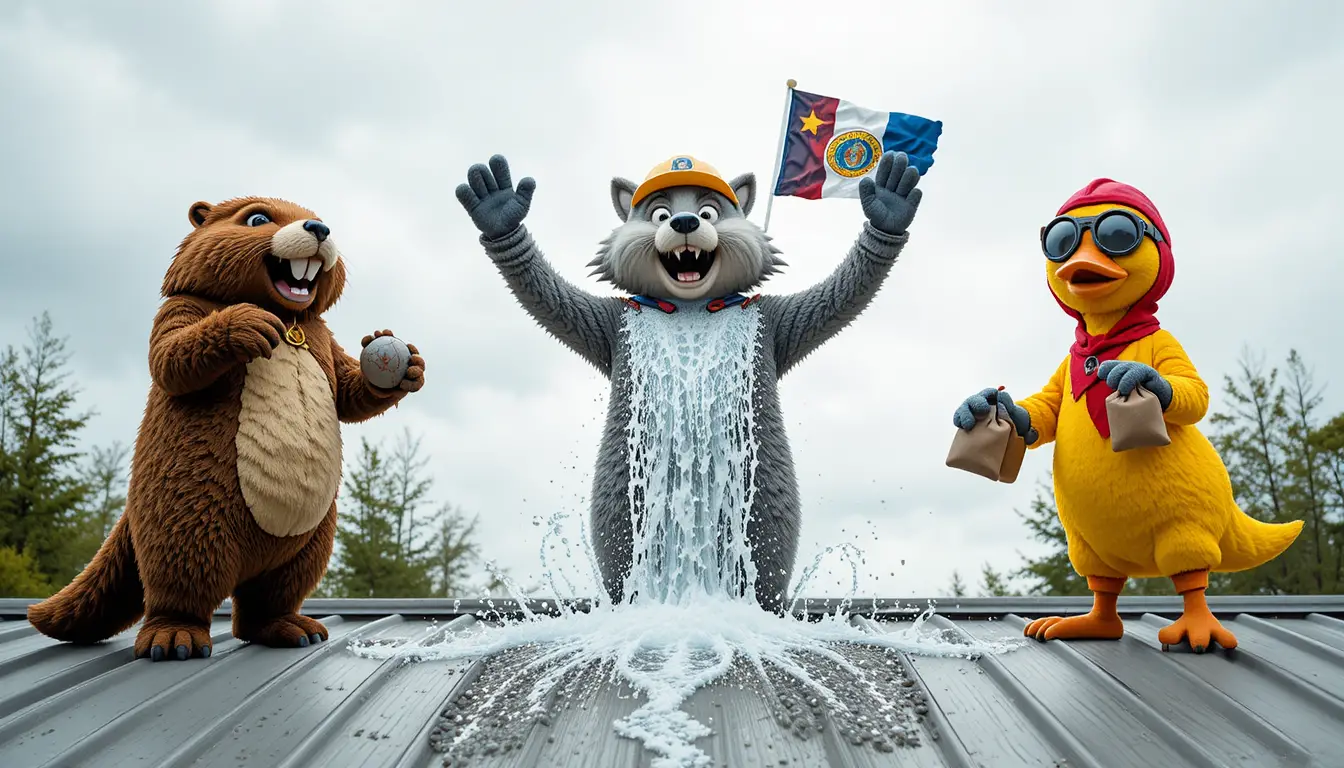 Three animal mascots celebrating on a metal rooftop