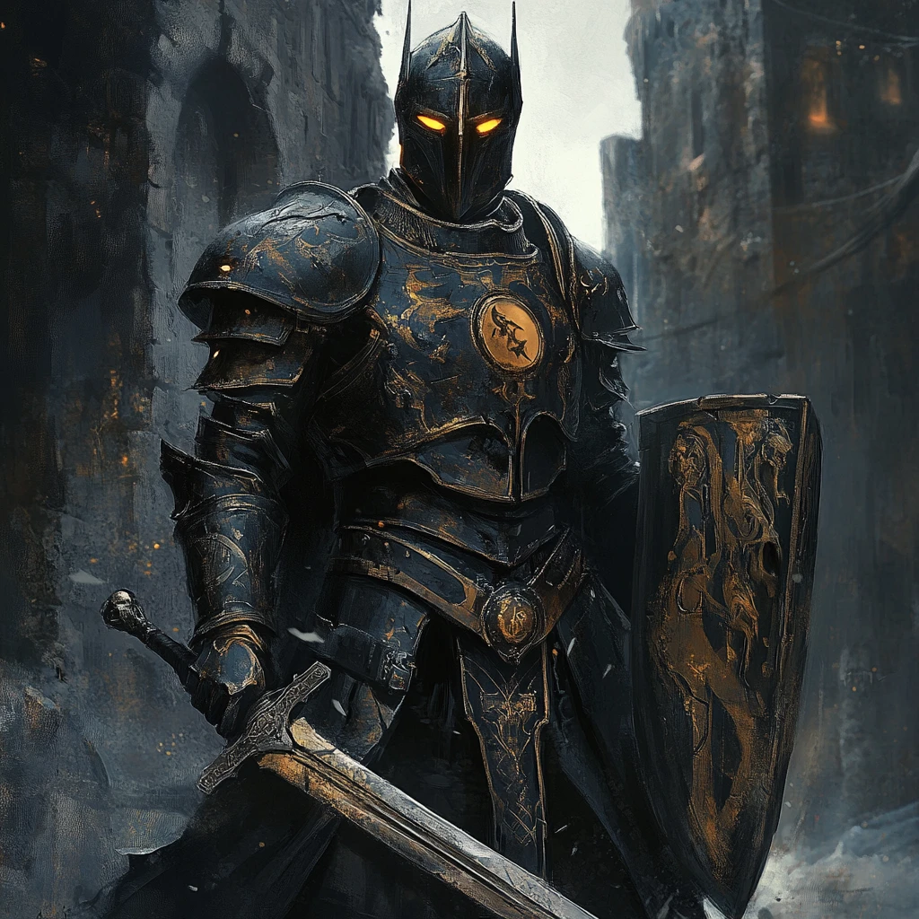 Warforged paladin in bronze armor with sword and shield