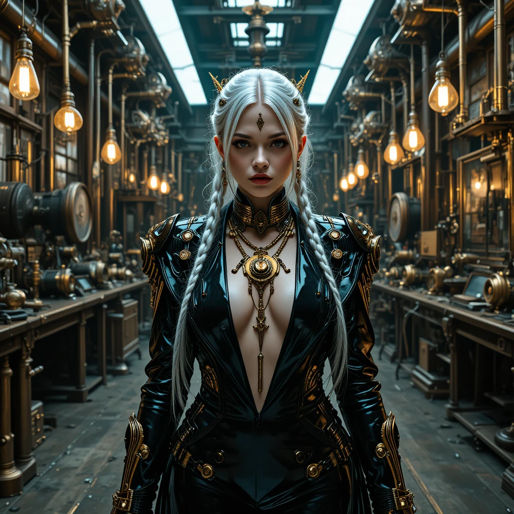 Cyber-Steampunk-Königin in einem luxuriösen mechanischen Fashion-Studio
