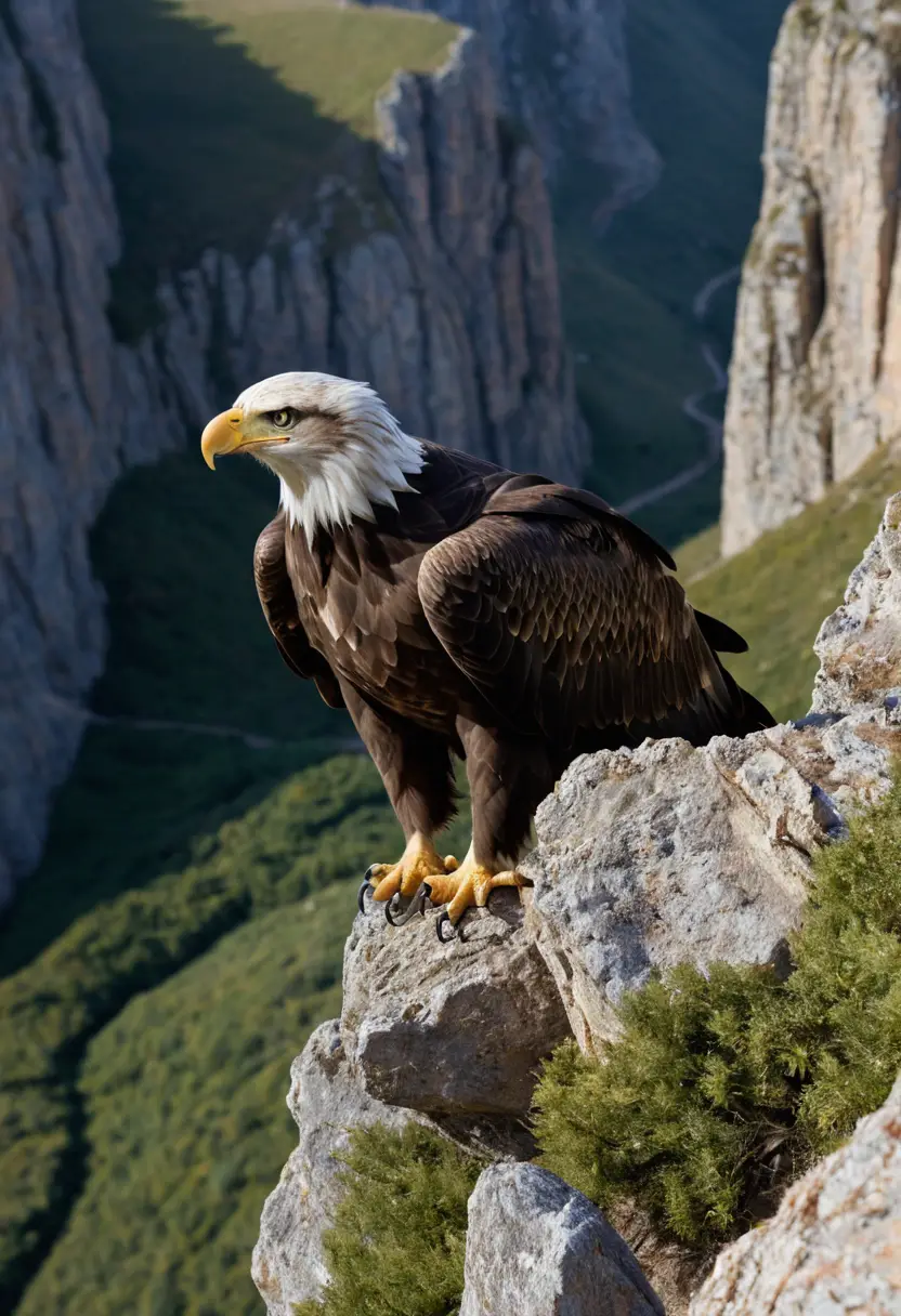 Eagle perched in its aerie high on a rocky cliff