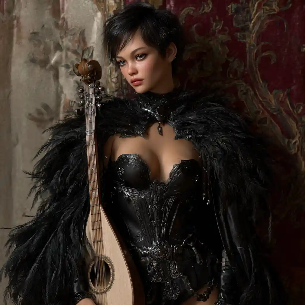 Dark fantasy bard woman with cloak and silver eyes