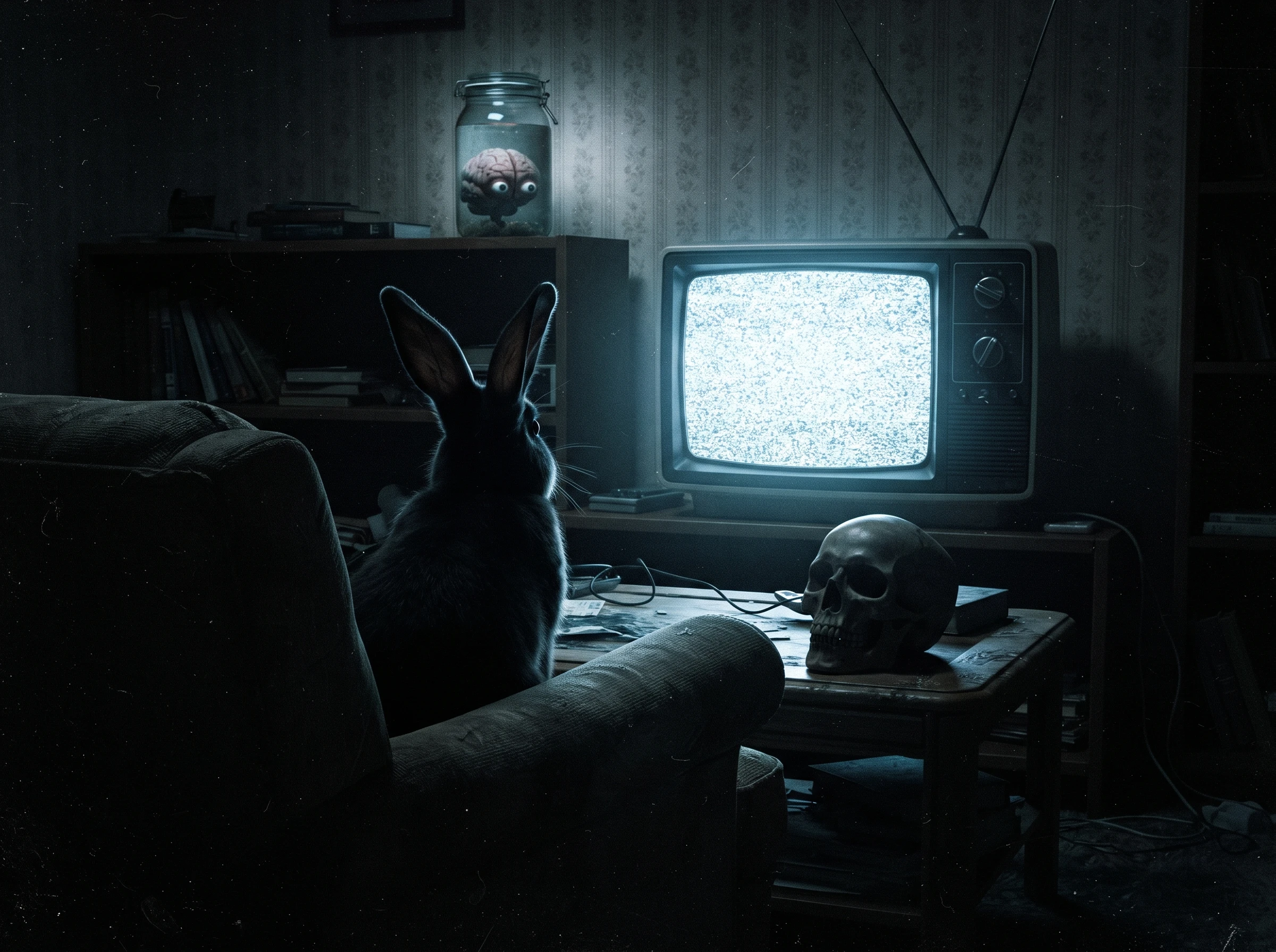 Rabbit silhouette watching static television in dark living room