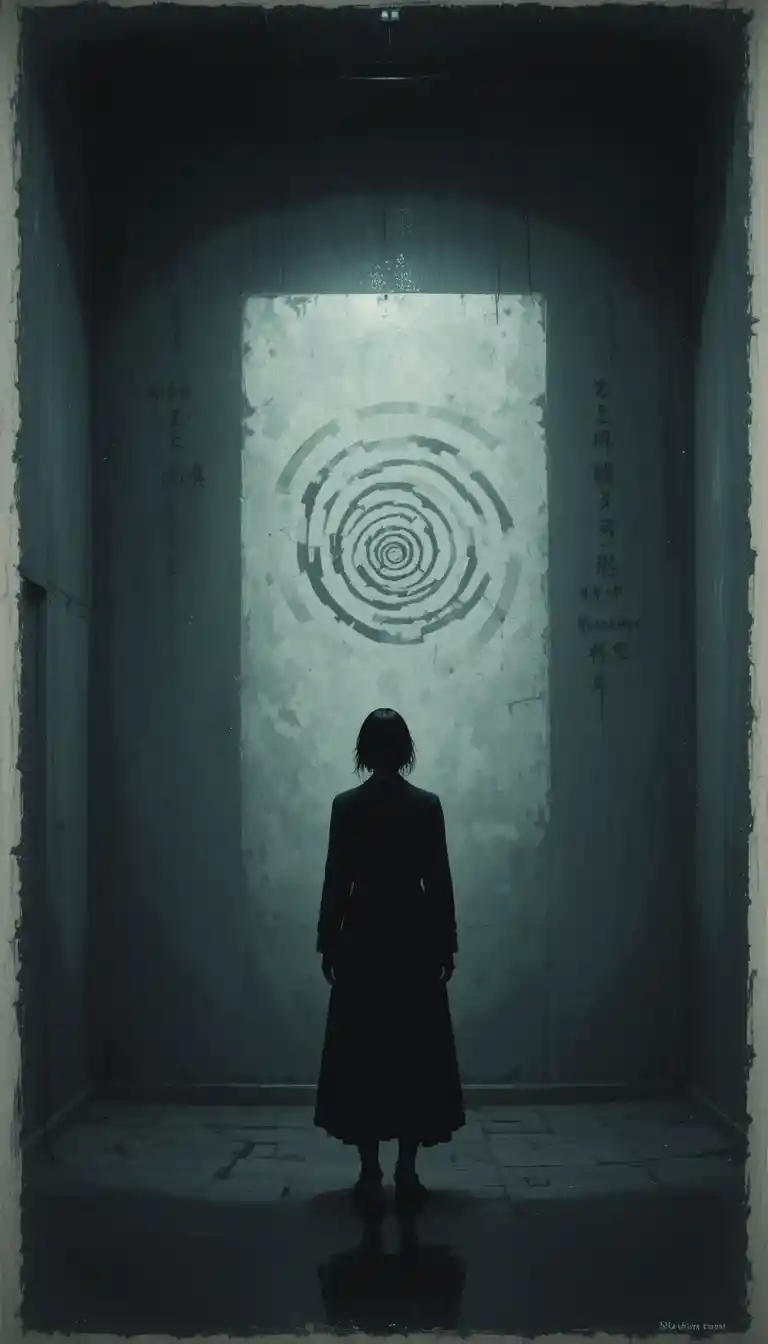 Solitary figure facing away in a dim empty room