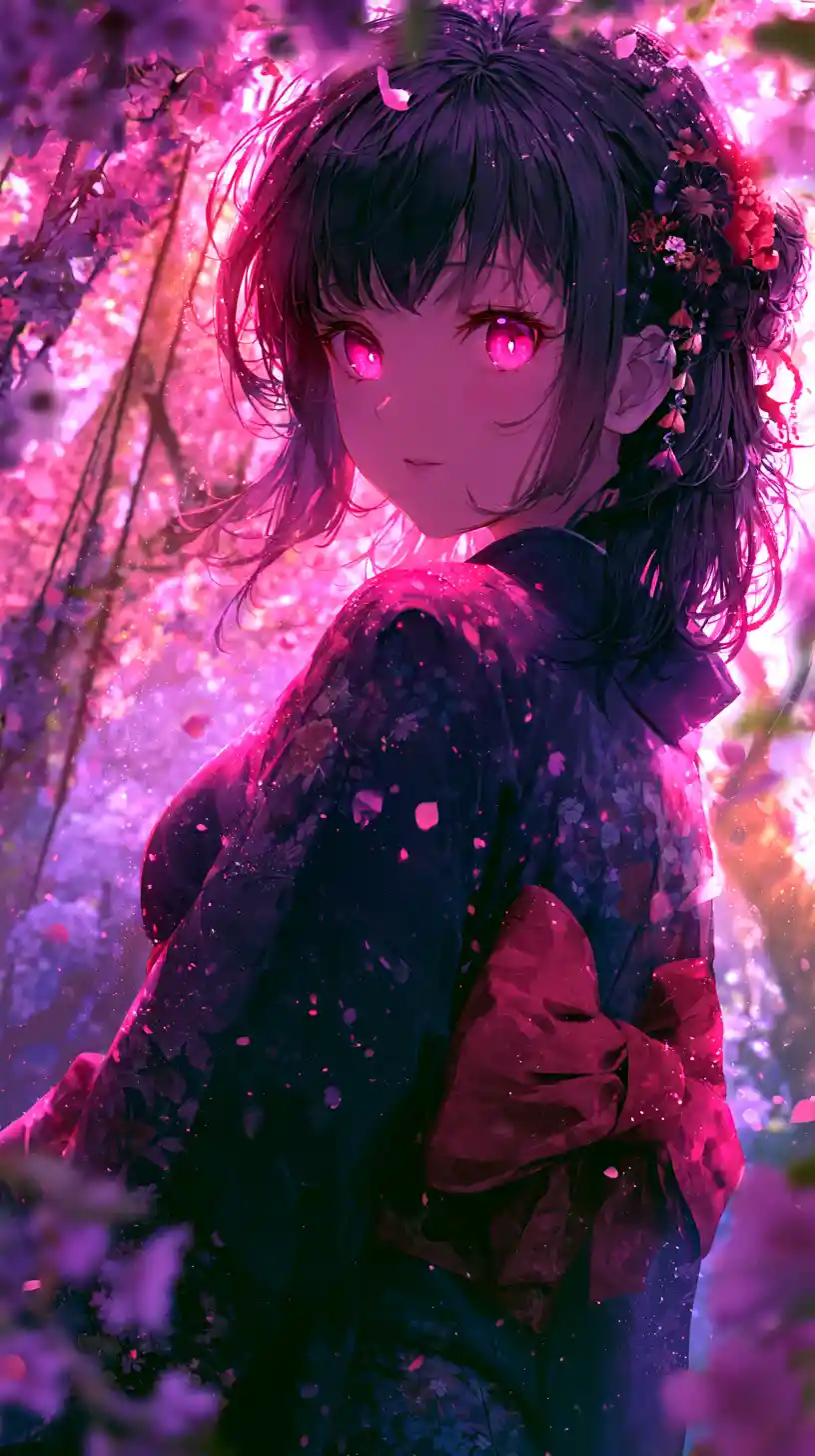 Anime girl in kimono under falling cherry blossoms